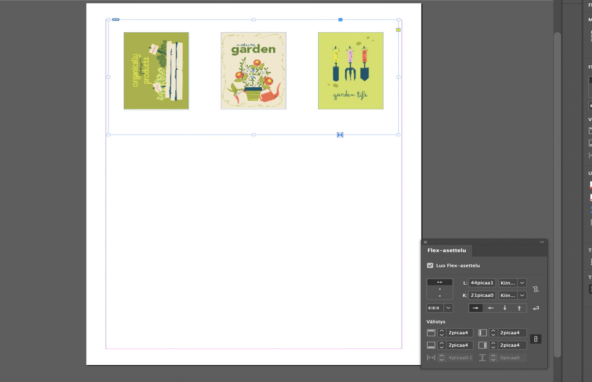 Kaikkia kolmea kuvaa on muokattu käyttäen Flex-asettelupaneelin Flex-asettelun asetuksia.