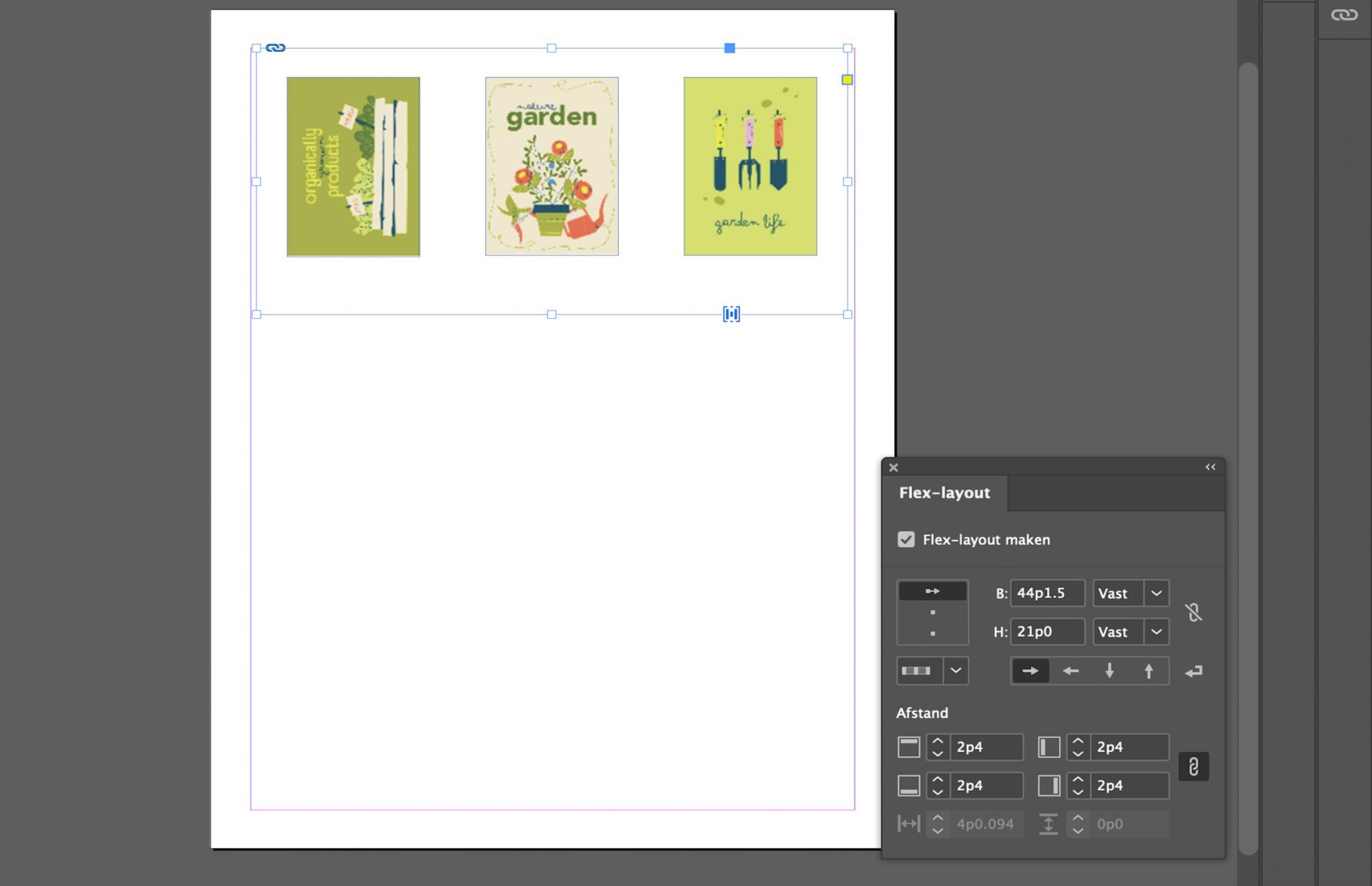 Alle drie de afbeeldingen zijn aangepast met behulp van de flex layout eigenschappen in het flex layout paneel.