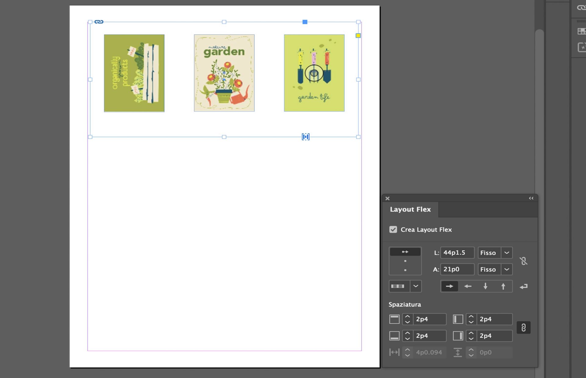 Tutte e tre le immagini sono state modificate utilizzando le proprietà Flex Layout nel pannello Flex Layout.