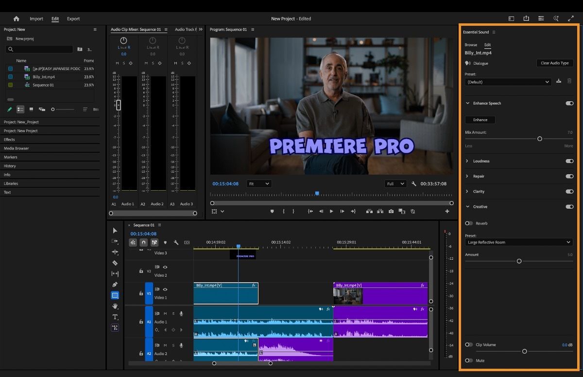 Interfaz de Premiere Pro con el panel Essential Sound abierto, mostrando los controles de audio de Diálogo y un clip de voz en off seleccionado en la cronología.