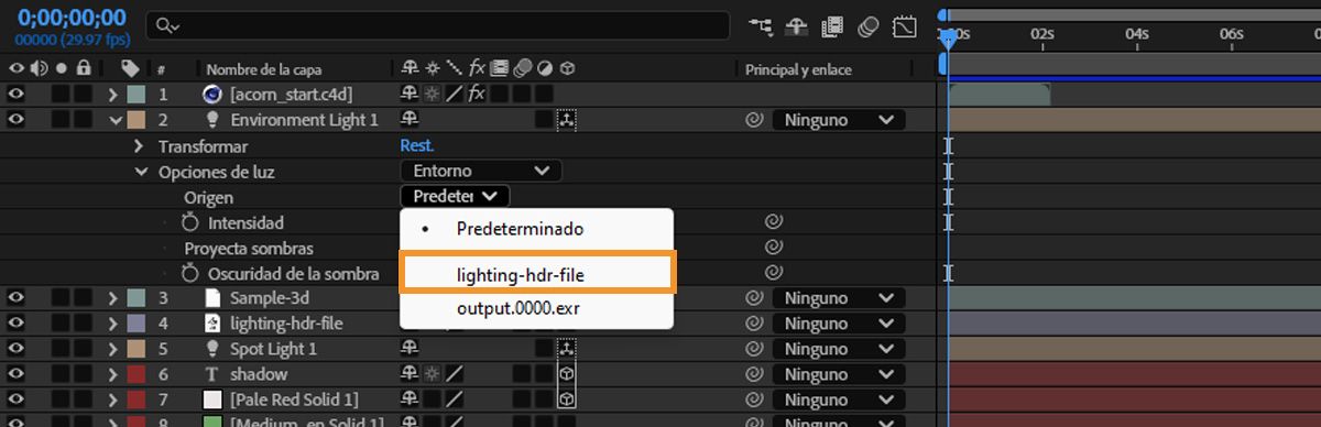Seleccione la capa con el archivo HDR en el menú desplegable Origen. 