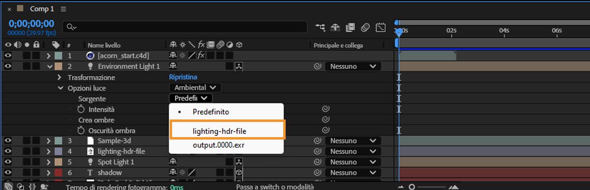Seleziona il livello con il file HDR dal menu a discesa Sorgente. 