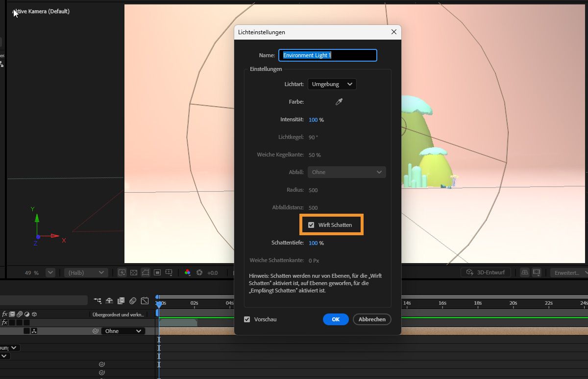 Aktivieren Sie die Option „Wirft Schatten“, um Schatten zu Ihrer 3D-Umgebung hinzuzufügen.