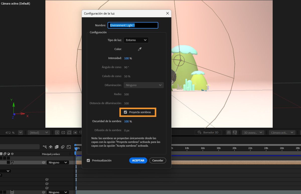 Active la opción Proyectar sombras para añadir sombras al entorno 3D.