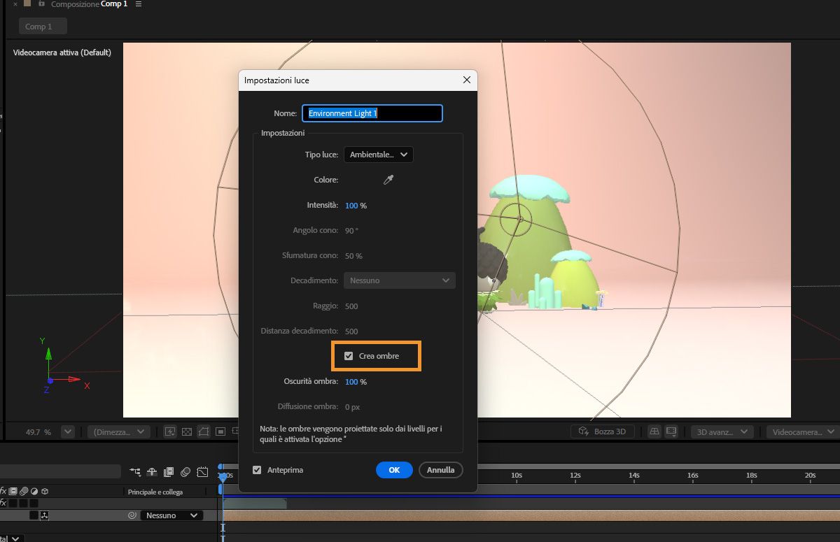 Attiva l’opzione Crea ombre per aggiungere ombre all’ambiente 3D.