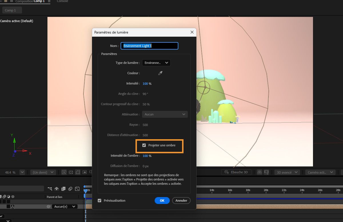 Activez l’option Projeter les ombres pour ajouter des ombres à votre environnement 3D.