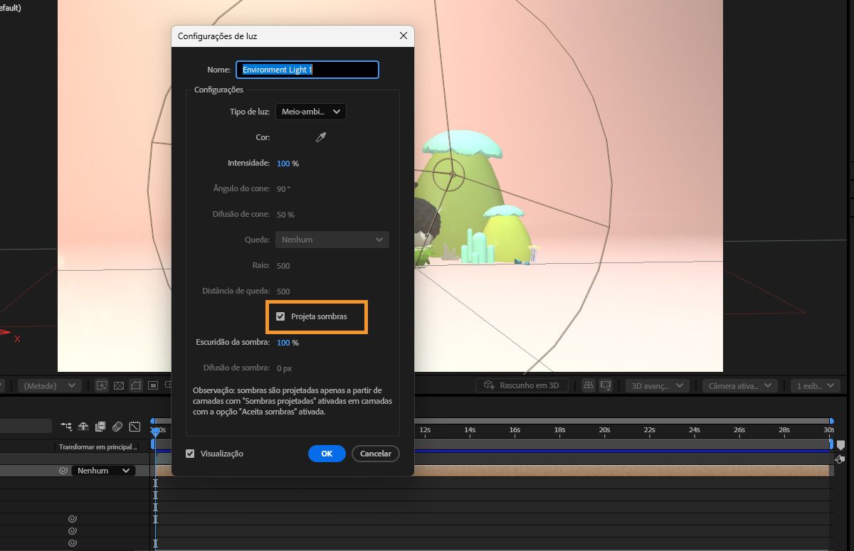 Habilite a opção Projetar sombras para adicionar sombras ao ambiente 3D.