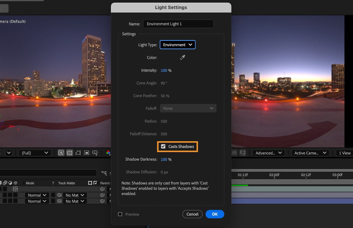 Enable the Cast Shadows option to add shadows to your 3D environment.