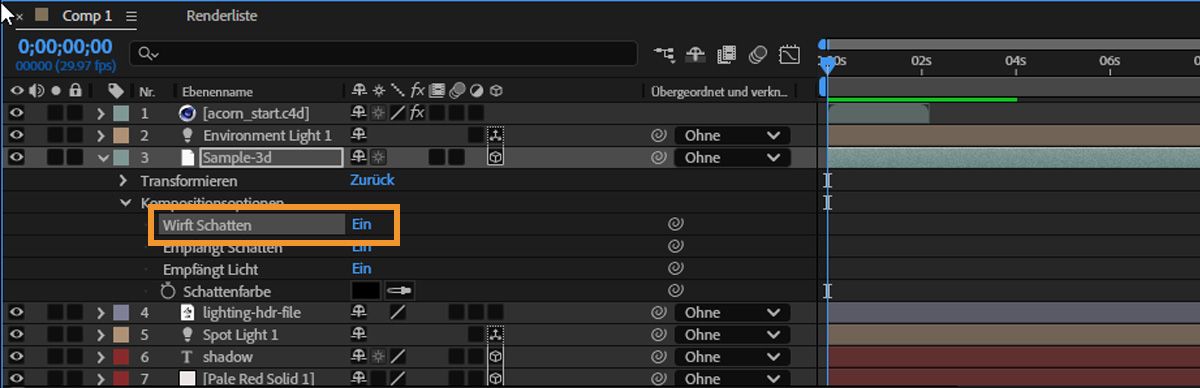 Verwenden Sie die Eigenschaft „Wirft Schatten“ in der „Zeitleiste“, um Schatten zu aktivieren.