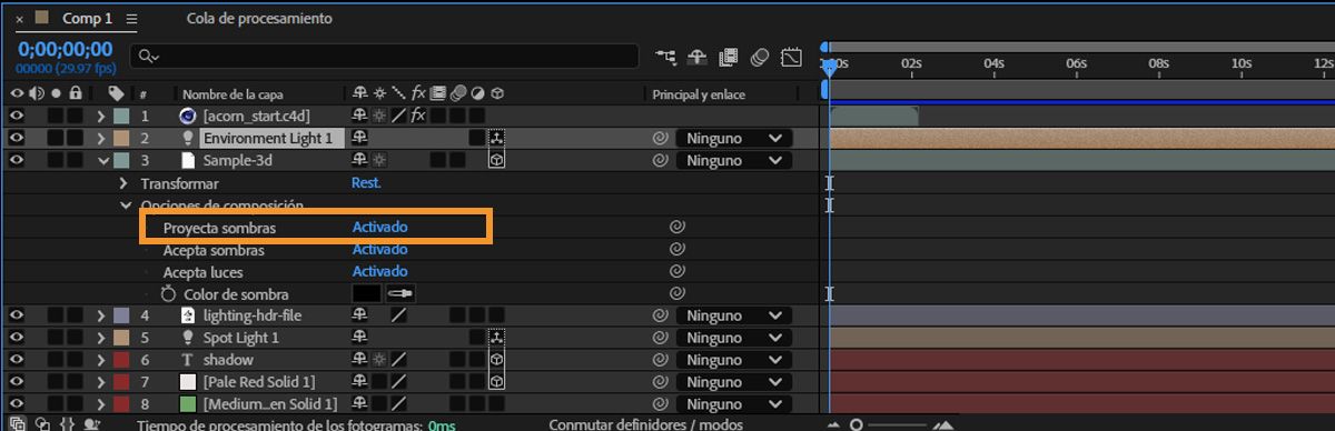Use la propiedad Proyectar sombras en el panel Cronología para habilitar las sombras.
