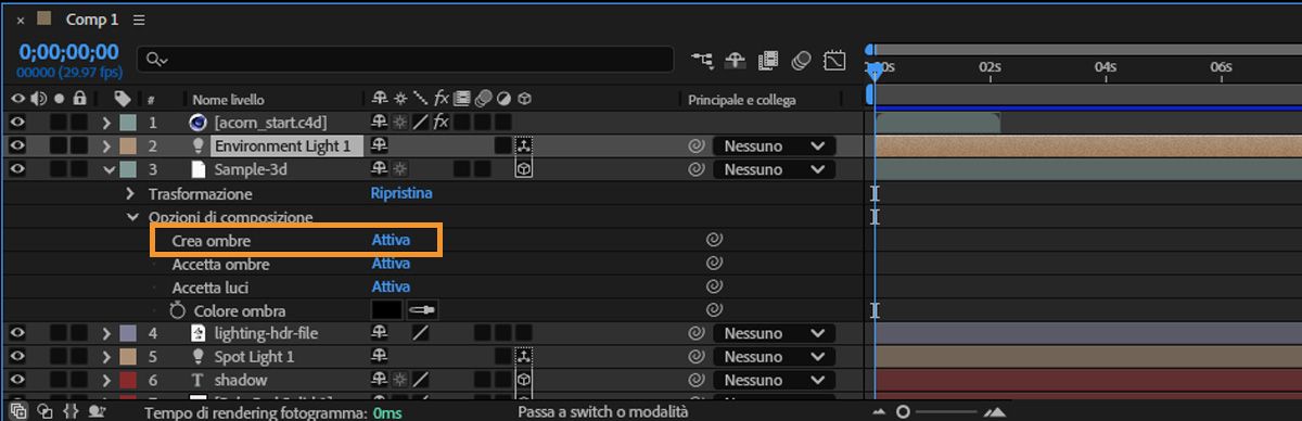 Utilizzare la proprietà Crea ombre nel pannello Timeline per abilitare le ombre.