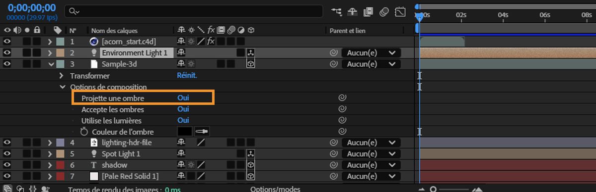 Utilisez la propriété Projeter les ombres dans le panneau Montage pour activer les ombres.