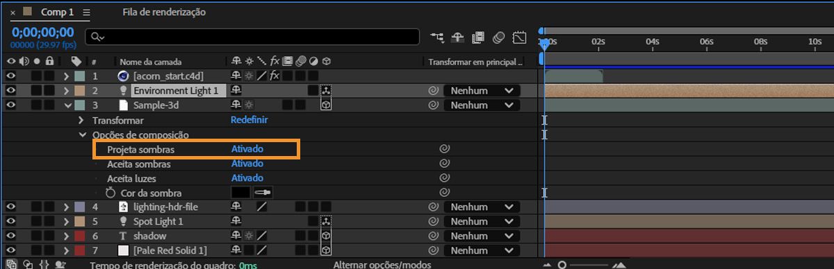 Use a propriedade Projetar sombras no painel Linha do tempo para habilitar sombras.
