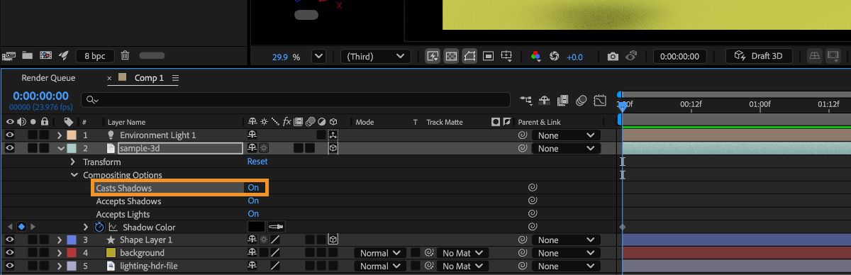 Use the Cast Shadows property in the Timeline panel to enable shadows.