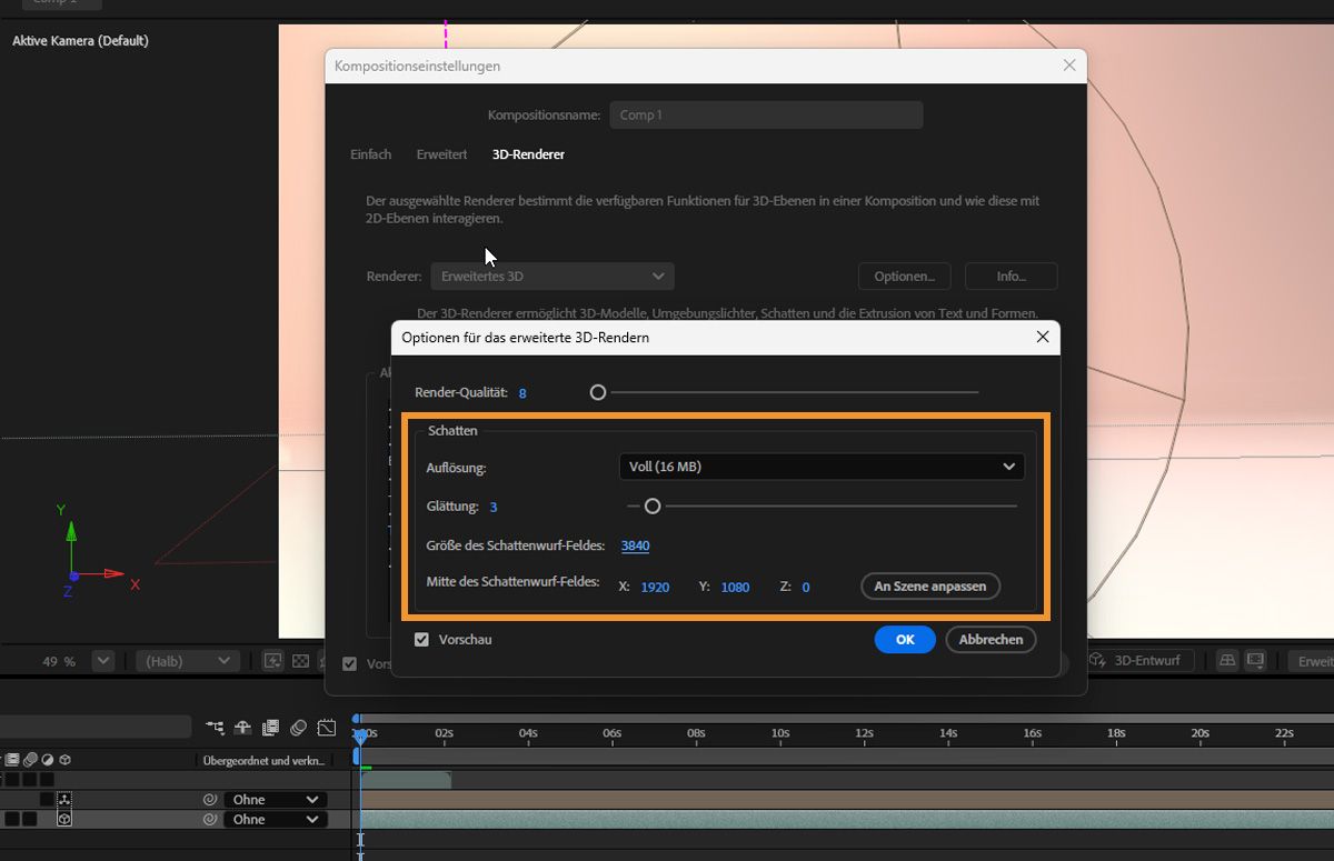 Legen Sie die Schatteneinstellungen im Dialogfeld „Renderer-Optionen“ fest und kontrollieren Sie sie.