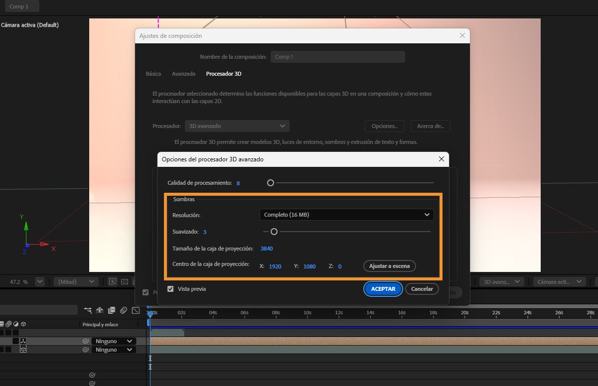 Defina y controle la configuración de sombras en el cuadro de diálogo Opciones de procesador.