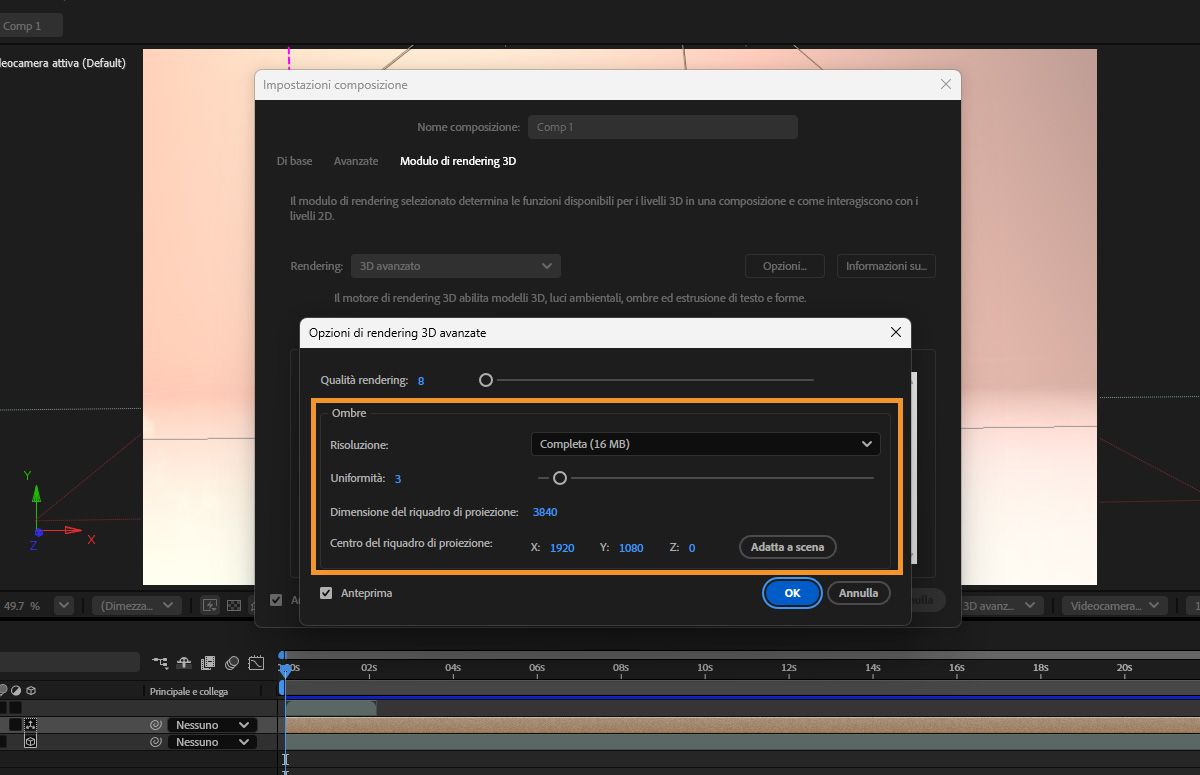 Impostare e controllare le impostazioni delle ombre nella finestra di dialogo Opzioni modulo di rendering.