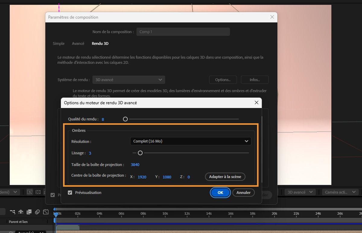 Définissez et contrôlez les paramètres relatifs aux ombres dans la boîte de dialogue Options de rendu.