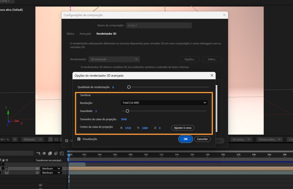 Defina e controle as configurações de sombra na caixa de diálogo Opções do renderizador.