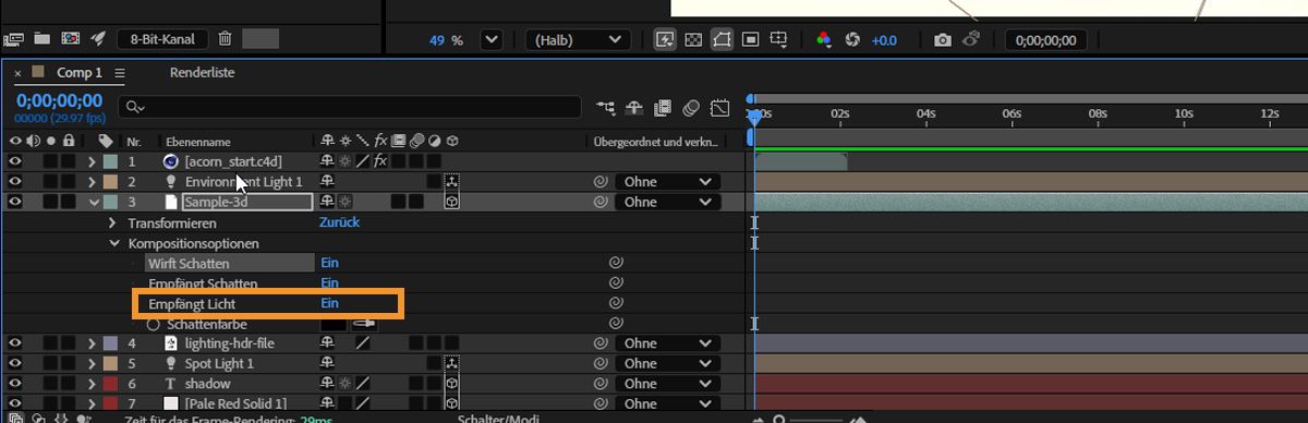 Die Zeitleiste ist mit verschiedenen Ebenen geöffnet, einschließlich einer 3D-Ebene. Die Kompositionsoptionen der 3D-Ebene sind geöffnet und die Option „Empfängt Licht“ ist deaktiviert.