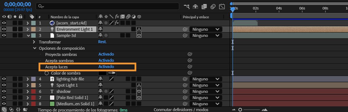 La cronología está abierta con diferentes capas, incluida una capa 3D. Las opciones de composición de la capa 3D están abiertas y la opción Acepta luces está marcada “desactivada”.