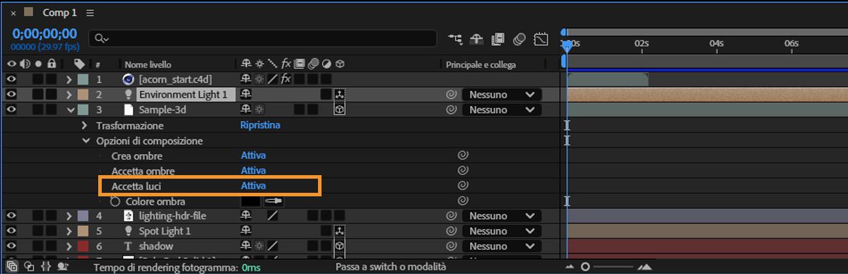 La timeline è aperta con livelli diversi, compreso un livello 3D. Le opzioni di composizione del livello 3D sono aperte e l’opzione Accetta luci è selezionata su “Off”.