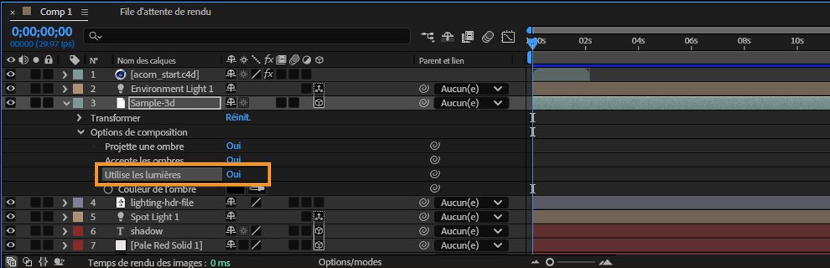 Le montage est ouvert avec différents calques, y compris un calque 3D. Les options de composition du calque 3D sont ouvertes et l’option Utilise les lumières est désactivée.