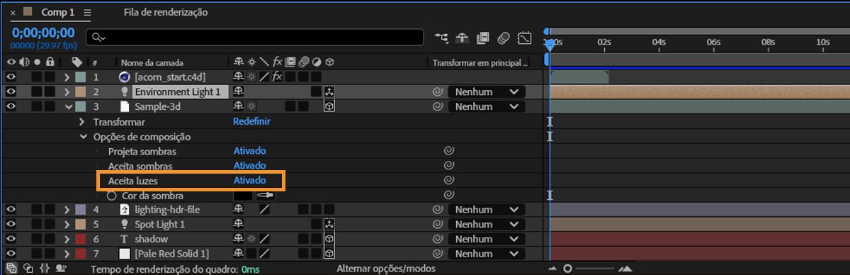 A linha do tempo aberta com camadas diferentes, incluindo uma camada 3D. As opções de composição da camada 3D estão abertas, e a opção “Aceita luzes” está marcada como desativada.