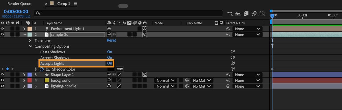 The timeline is open with different layers including a 3D layer. The 3D layer's Compositing Options is open and Accepts Lights option is checked 'Off'.