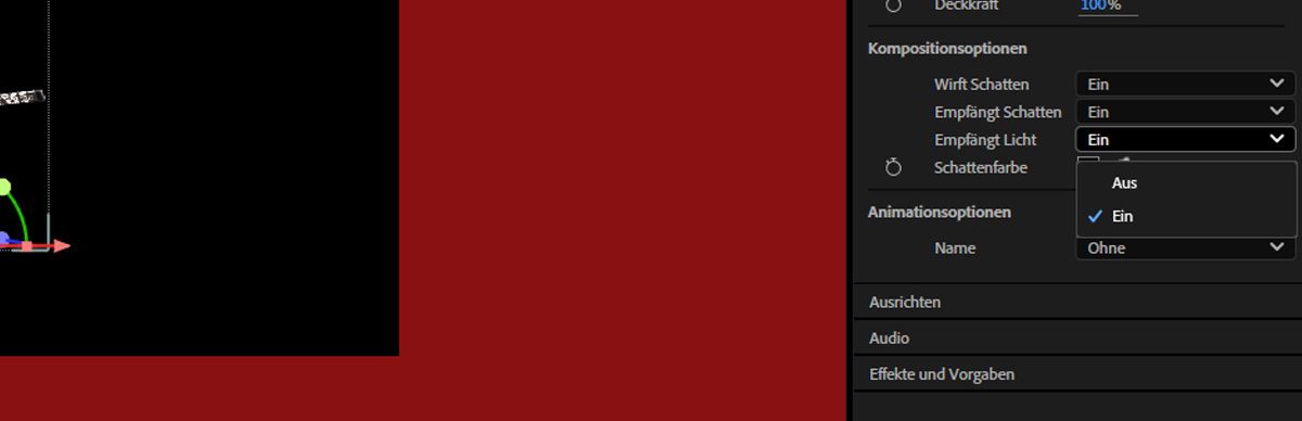 Im Bedienfeld „Eigenschaften“ ist unter den Kompositionsoptionen die Einstellung „Empfängt Licht“ aktiviert.