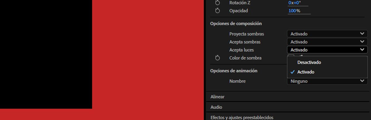 En el panel Propiedades, dentro de las Opciones de composición, se activa la opción Acepta luces.