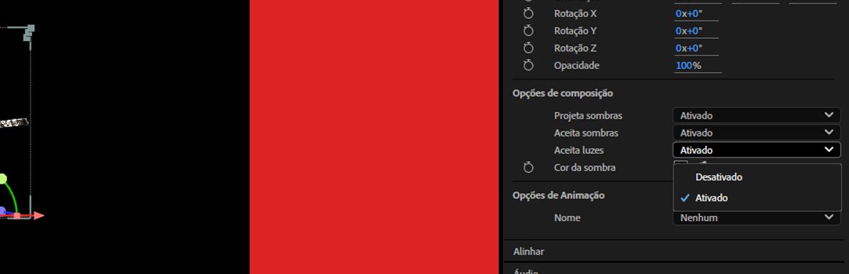 No painel “Propriedades”, dentro das opções da composição, a configuração “Aceita luzes” está habilitada.