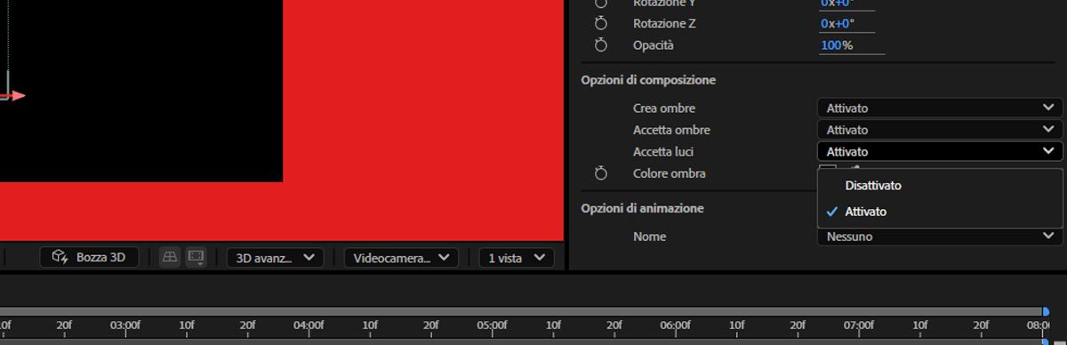 Nel pannello Proprietà, all’interno delle Opzioni di composizione, l’impostazione Accetta luci è abilitata.
