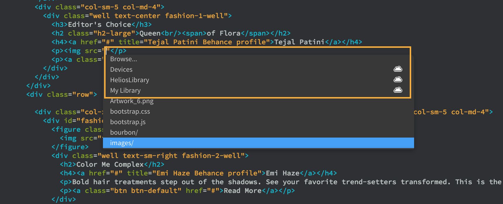 يتم عرض الرسومات في CC Libraries كتلميحات للتعليمة البرمجية