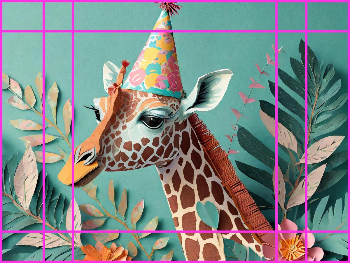 Image d’une girafe portant un chapeau de fête. L’image présente un rapport L/H Paysage (4:3) ; elle comporte des fleurs en papier colorées et des feuilles autour de la girafe, créant une atmosphère festive et ludique.