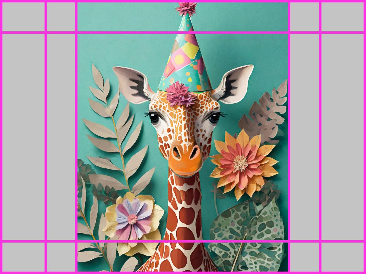 Image d’une girafe portant un chapeau de fête. L’image présente un rapport L/H Portrait (3:4) ; elle comporte des fleurs en papier colorées et des feuilles autour de la girafe, créant une atmosphère festive et ludique.