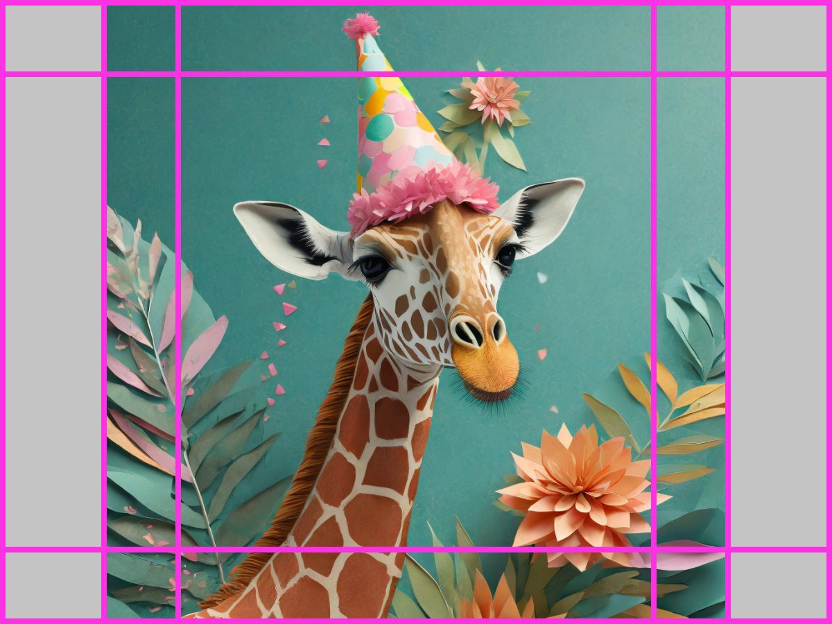 Image d’une girafe portant un chapeau de fête. L’image présente un rapport L/H Carré (1:1) ; elle comporte des fleurs en papier colorées et des feuilles autour de la girafe, créant une atmosphère festive et ludique.