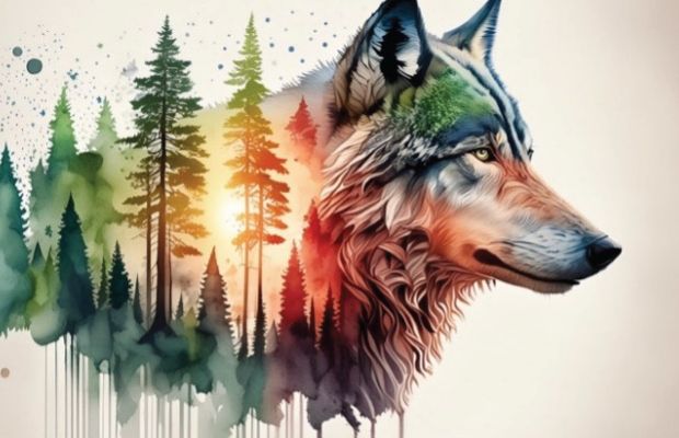 A imagem traz uma ilustração artística do perfil de um lobo. O pelo do lobo se transforma em uma cena de floresta com pinheiros, criando um efeito em que o lobo parece fazer parte da floresta. Isso representa uma ilustração única que pode compor qualquer portfólio criativo.