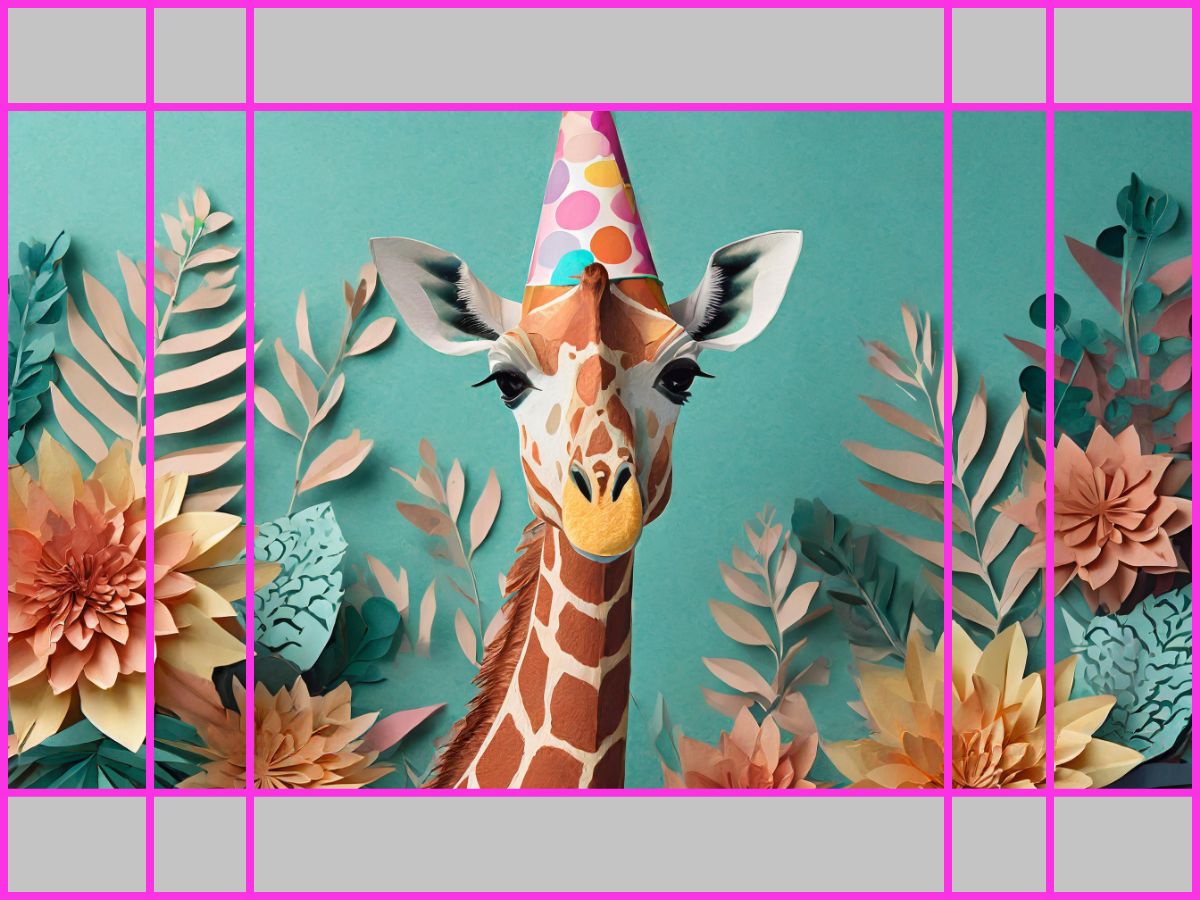 Image d’une girafe portant un chapeau de fête. L’image présente un rapport L/H Carré (1:1) ; elle comporte des fleurs en papier colorées et des feuilles autour de la girafe, créant une atmosphère festive et ludique.