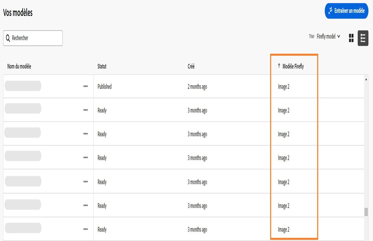 La page de Firefly comporte une section intitulée « Vos modèles » dans laquelle figure un tableau qui répertorie différents modèles. Le tableau se compose de colonnes intitulées « Nom du modèle », « Statut » et « Créé ». Les statuts affichés sont « Publié » et « Prêt » et sont accompagnés des dates de création. Il existe une option pour trier les éléments, actuellement définie sur « Trier par date de modification », qui organise les modèles étiquetés « Image 2 » et « Image 3 ».