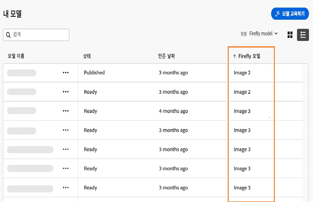 Firefly 페이지에는 '내 모델'이라는 제목의 섹션이 있으며 다양한 모델을 나열한 표가 포함되어 있습니다. 표에는 '이름', '상태' 및 '생성됨'을 표시한 열이 있습니다. 상태에는 '게시됨' 및 '준비'가 있으며, 생성 날짜와 함께 표시됩니다. 여기에는 항목을 정렬할 수 있는 옵션이 있으며, 현재는 '수정된 순서로 정렬'로 설정되어 있으며, 'Image 2' 및 'Image 3'으로 표시된 모델로 구성되어 있습니다.