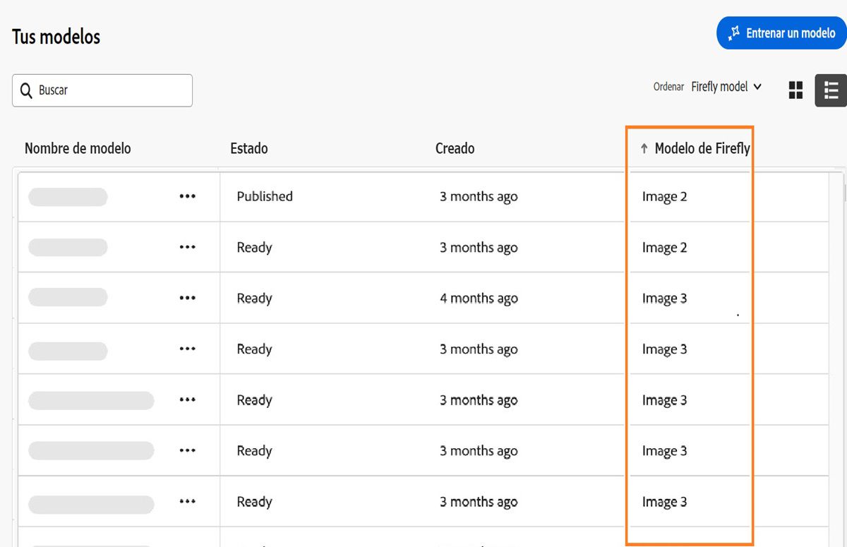 La página de Firefly tiene una sección llamada &quot;Tus modelos&quot; e incluye una tabla con varios modelos. La tabla tiene columnas para &quot;Nombre&quot;, &quot;Estado&quot; y &quot;Creación&quot;. Los estados que se muestran son &quot;Publicado&quot; y &quot;Listo&quot;, junto con sus fechas de creación. Existe una opción para ordenar los elementos, que actualmente está establecida en &quot;Ordenar por Modificación&quot;, que organiza los modelos etiquetados como &quot;Image 2&quot; e &quot;Image 3&quot;.