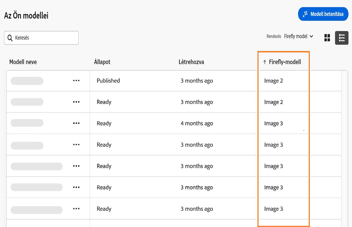 A Firefly oldalán található egy „Saját modellek” rész, amely tartalmazza a különböző modelleket felsoroló táblázatot. A táblázat a „Név”, „Állapot” és „Létrehozva” oszlopokat tartalmaz. A megjelenített állapotok a „Közzétett” és a „Kész”, valamint a létrehozásuk dátuma. Lehetőség van az elemek jelenleg „Rendezés módosítás szerint” értékre állított rendezésére, amely a „2. kép” és „3. kép” címkéjű modelleket rendezi.