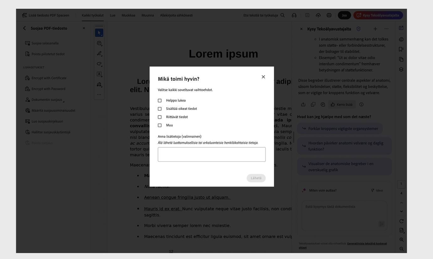 Mikä meni hyvin? valintaikkuna, jossa näkyy luettelo valittavista vaihtoehdoista myönteiselle palautteelle.