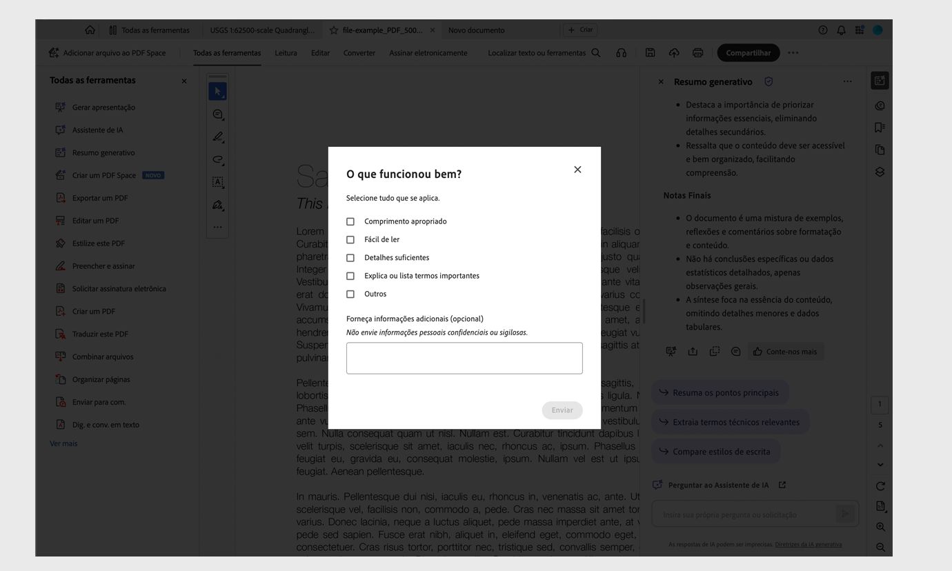 O que funcionou bem? caixa de diálogo mostrando uma lista de opções selecionáveis para comentários positivos.