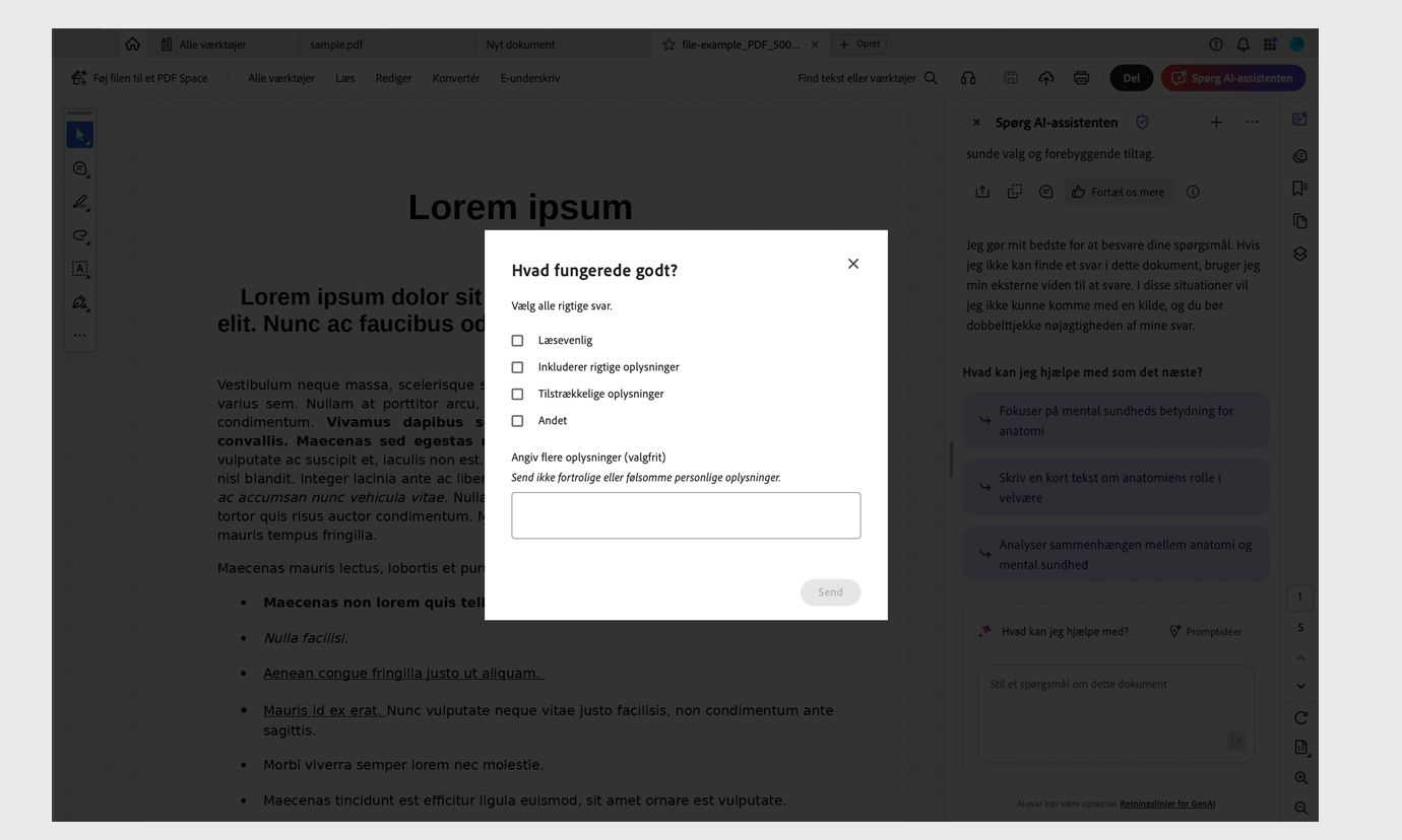 Hvad gik godt? dialogboks, der viser en liste over valgbare muligheder for positiv feedback.