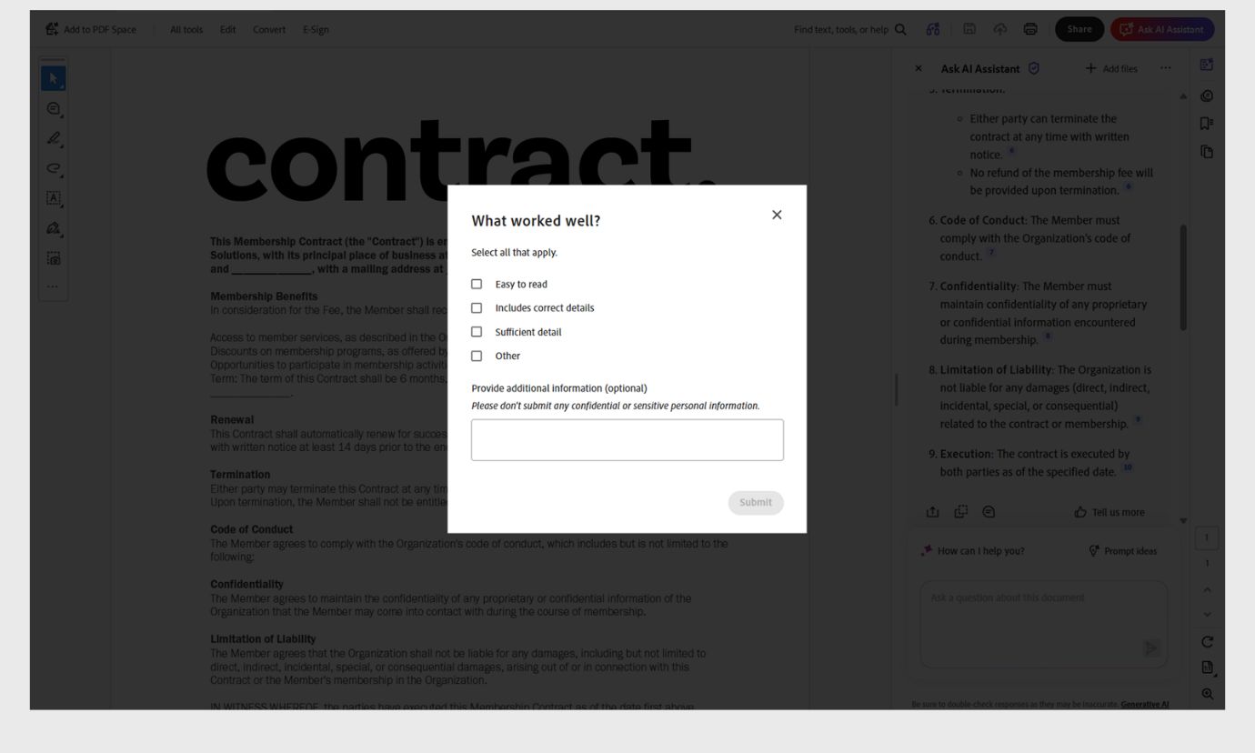 Ano ang naging maganda? dialog box na nagpapakita ng listahan ng mga mapipiling opsyon para sa positibong feedback.
