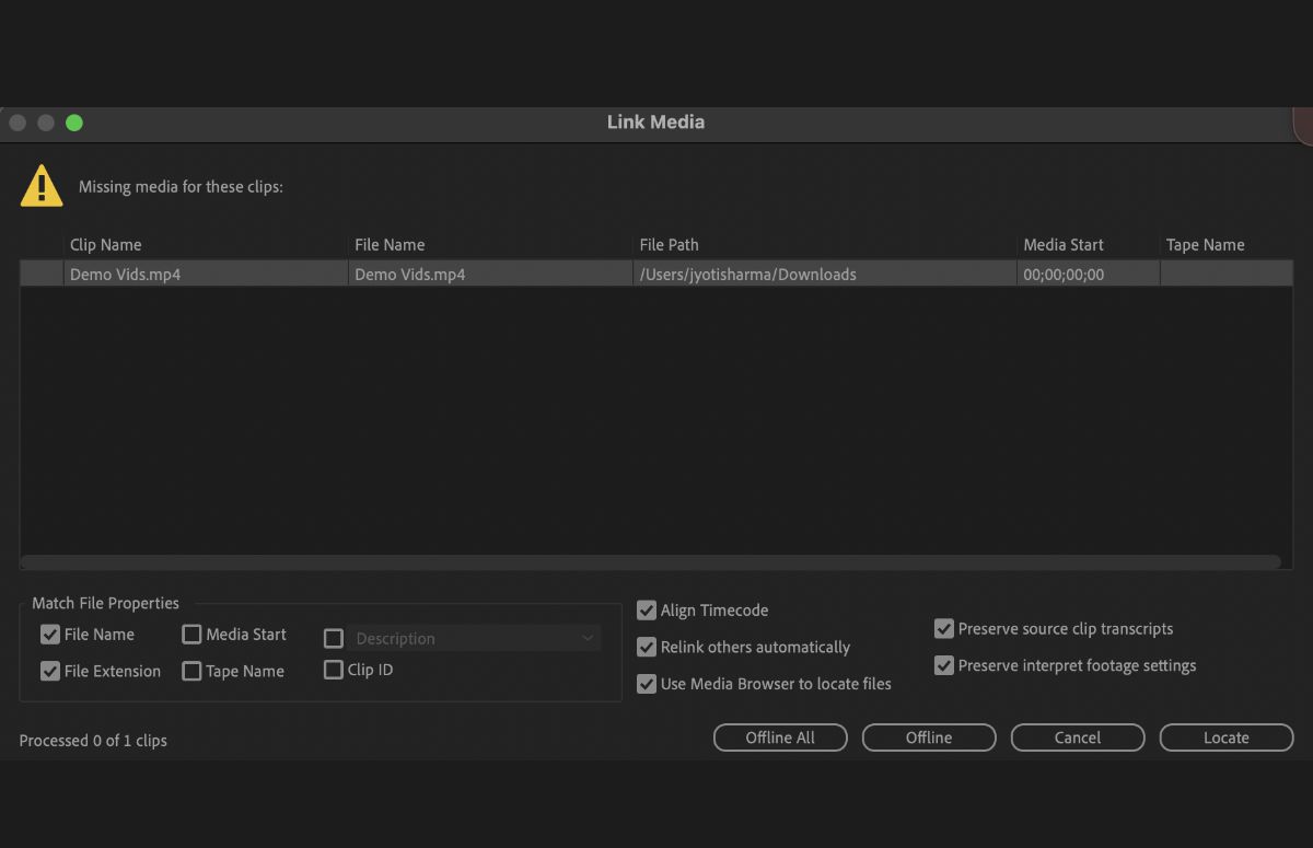 La finestra di dialogo Collega file multimediali è aperta con opzioni per far corrispondere le proprietà dei file come Nome file, Estensione file, Inizio supporto e Nome nastro.A seconda di come desideri gestire i file offline, puoi specificare i criteri di ricerca richiesti e le Proprietà file corrispondenti.