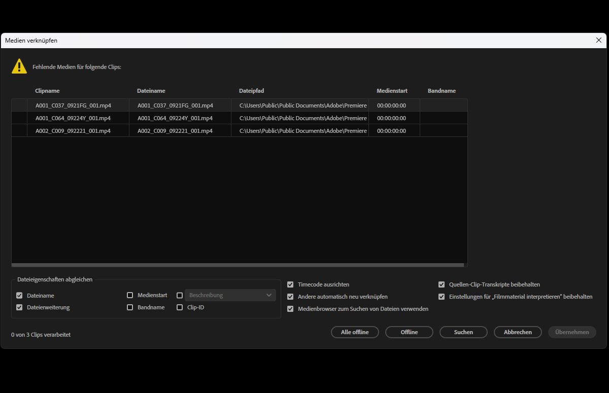 Das Dialogfeld „Medien verknüpfen“ ist geöffnet und zeigt Optionen zur Anpassung von Dateieigenschaften wie Dateiname, Dateierweiterung, Medienstart und Bandname an. Je nachdem, wie du die Offline-Dateien verwalten möchtest, kannst du die erforderlichen Suchkriterien angeben und die Dateieigenschaften abgleichen.