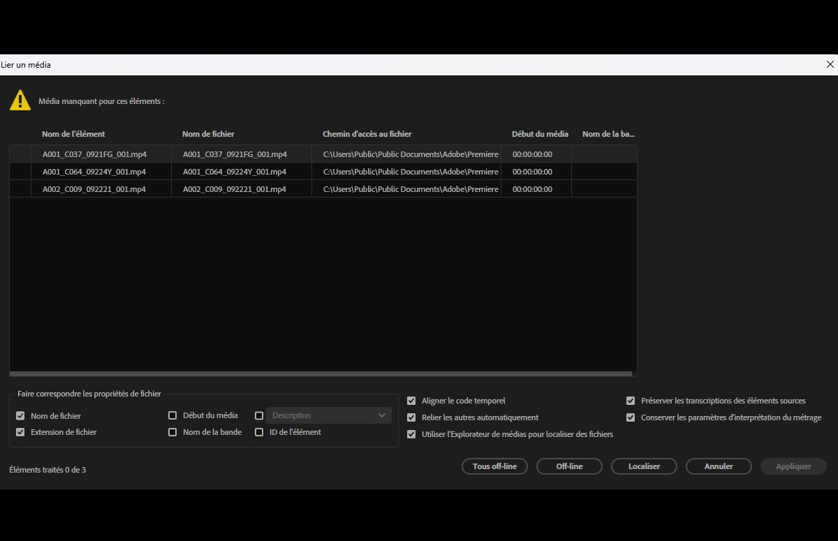La boîte de dialogue Lier un média s’ouvre avec des options pour établir une correspondance entre les propriétés des fichiers telles que le nom du fichier, l’extension, le début des médias et le nom de la bande.Suivant la méthode utilisée pour traiter les fichiers hors ligne, vous pouvez spécifier les options « Faire correspondre les propriétés de fichier » et les critères de recherche requis.